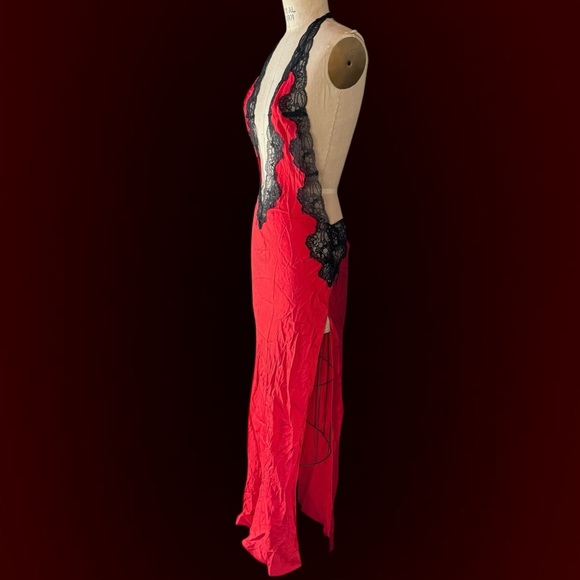 Vintage Y2K Victorias Secret Red Silk Black Lace Maxi Slip Dress NWT - Picture 3 of 13